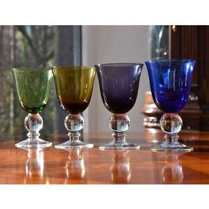 Set of 4 Vintage 1960s Colored Glass Goblets Ball Stem Rainbow MCM Barware